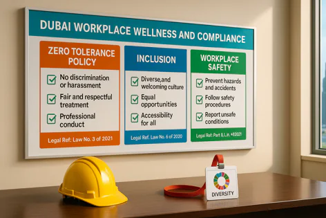 A framed sign titled 'Dubai Workplace Wellness and Compliance' detailing Zero Tolerance, Inclusion, and Safety policies, with a yellow hard hat and a Diversity ID card on a desk.