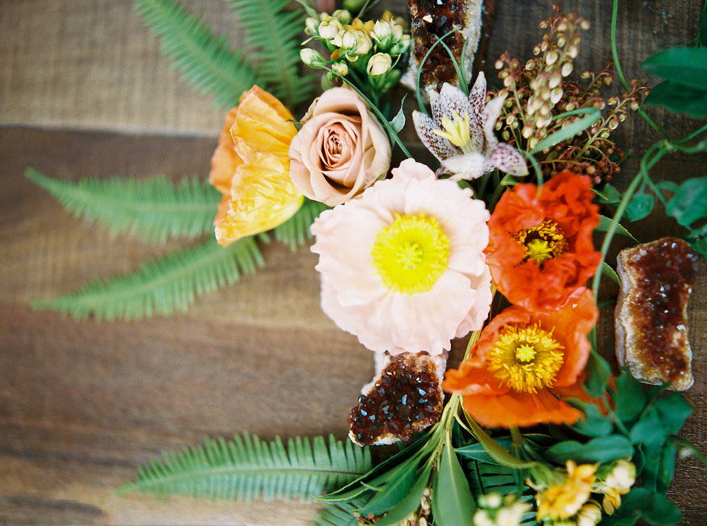 Loose blooms with crystals fern, poppies and roses