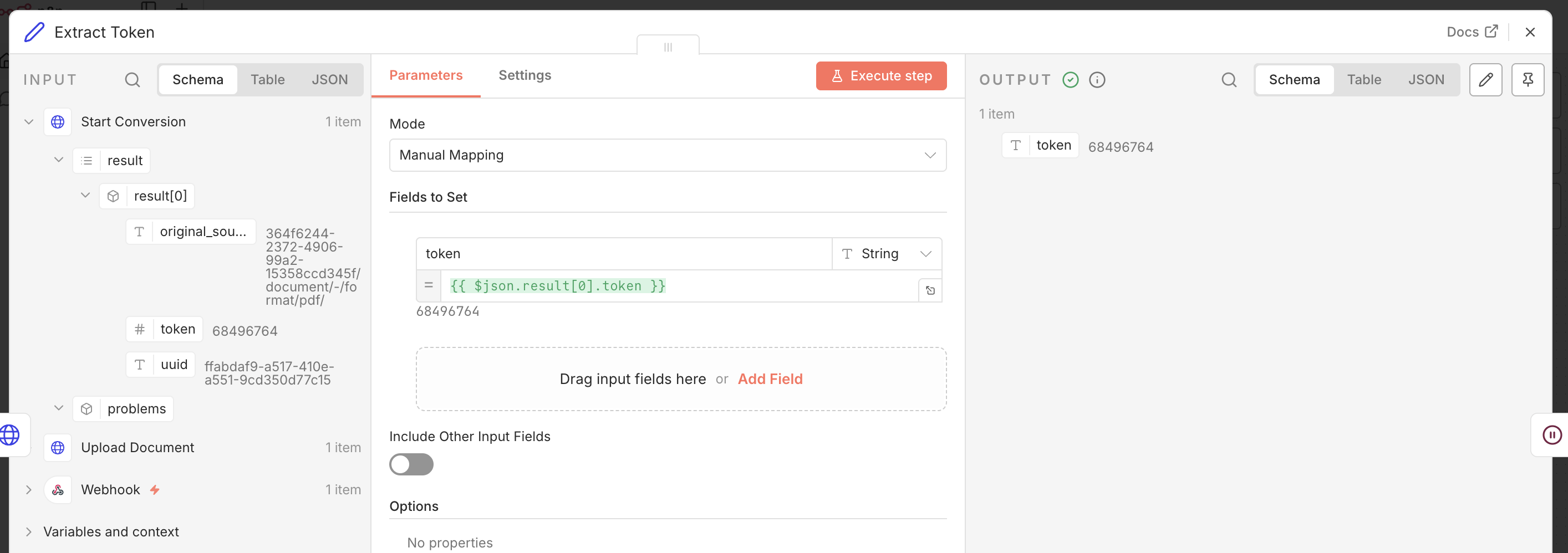 n8n Set node extracting the conversion token