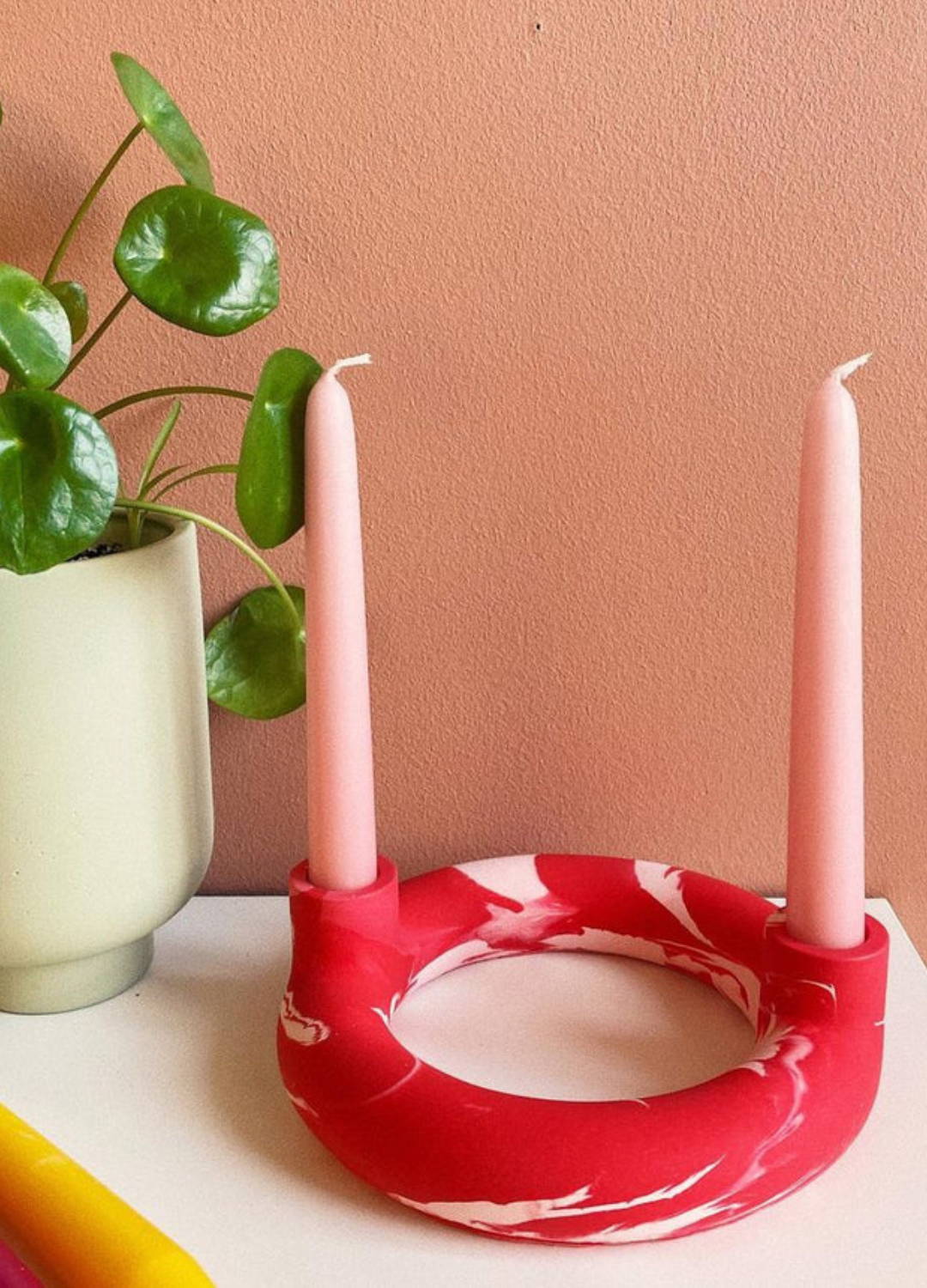 Dual red marble candle holder