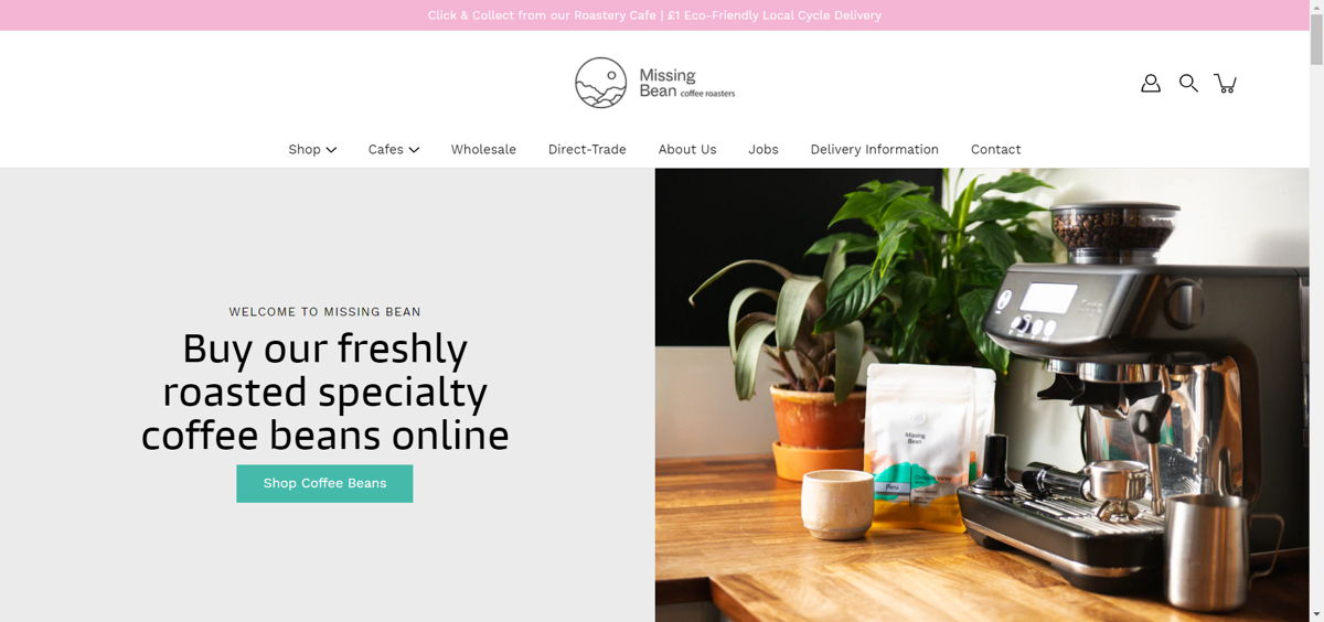 Screenshot of The Missing Bean, from the cafe & coffee shop websites collection.