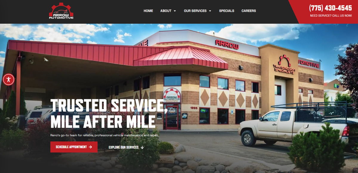 Screenshot of Arrow Automotive, from the auto repair websites collection.