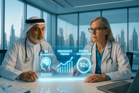 Two doctors review a holographic healthcare interface displaying AI diagnostics, insurance trends, and patient satisfaction data with a cityscape backdrop.