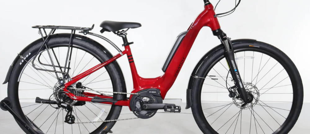 a red Batch E-Step Thru electric step through bike