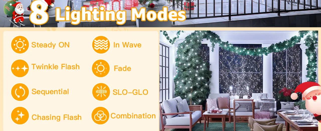 Features of Ollny's 800 leds clear cable cool white string lights - desktop size