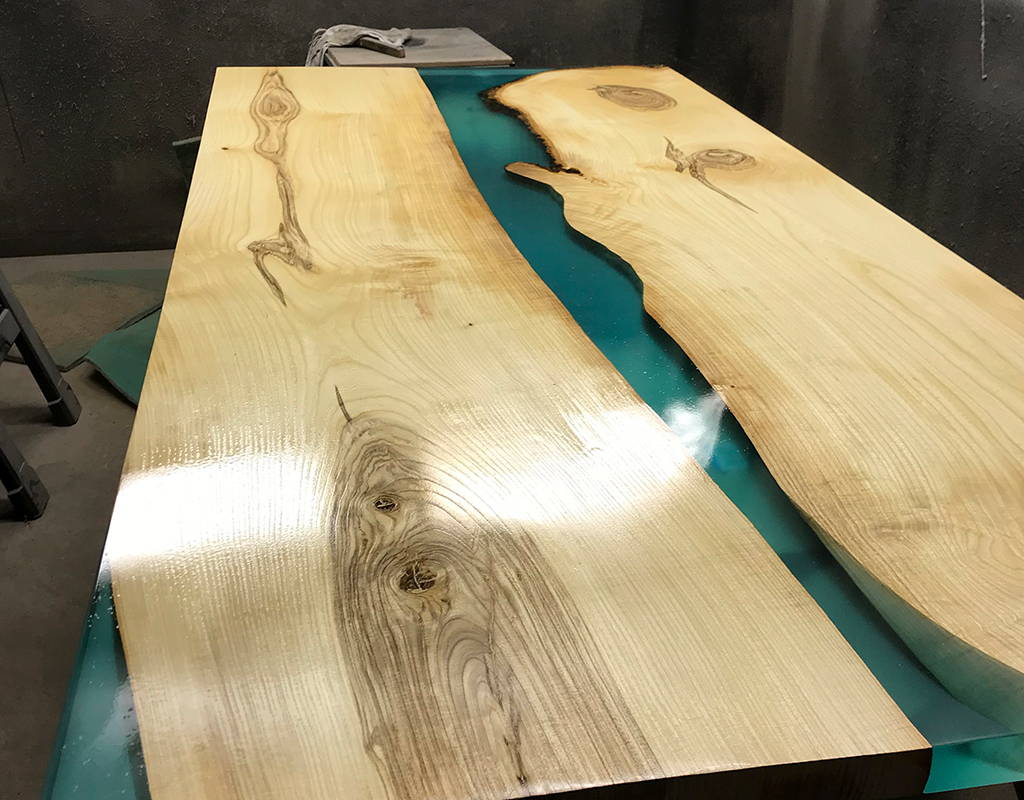 blue live edge epoxy river table