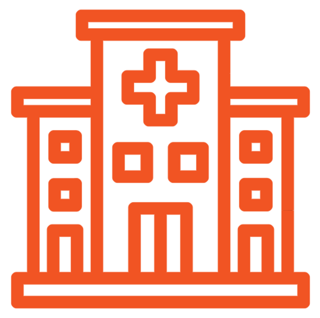 An orange outline icon of a hospital building with a cross symbol at the top center, multiple windows, and double entrance doors.