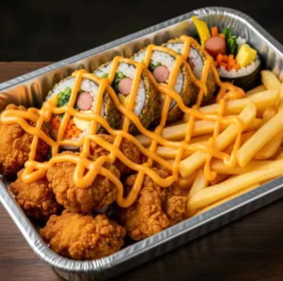 Box Kimbap phô mai: Kimbap + gà viên + Khoai tây (sốt phô mai)