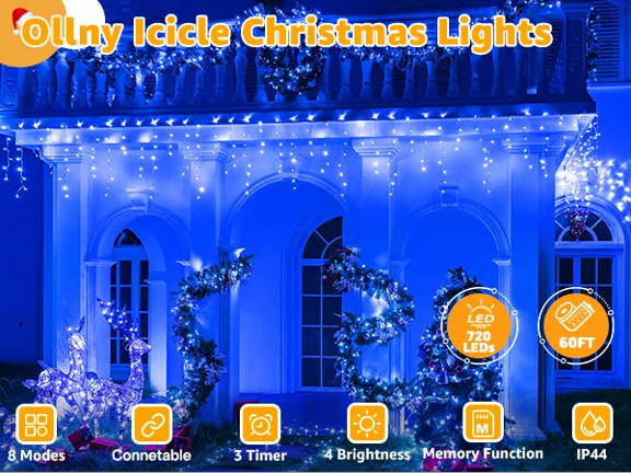 Features of Ollny's 720 leds multicolor icicle lights