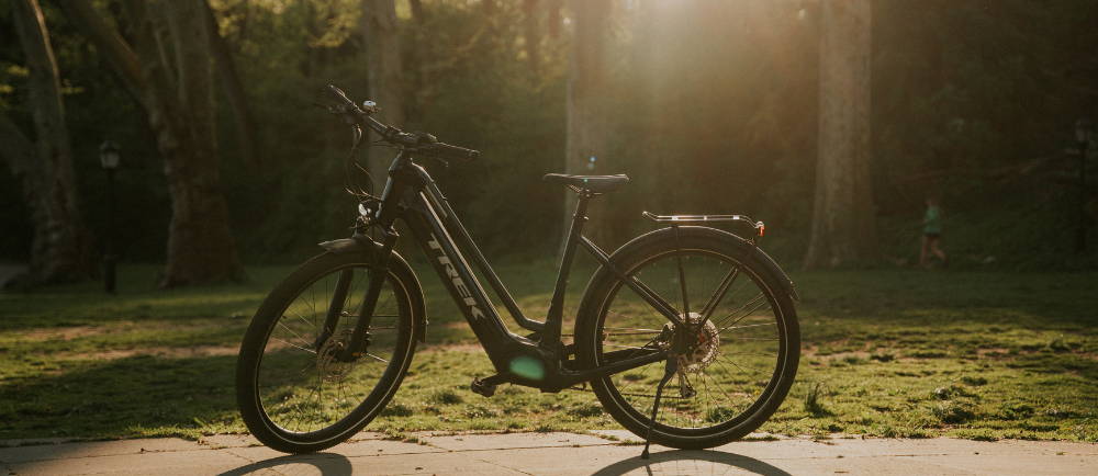 Trek e-bike on its stand in a park