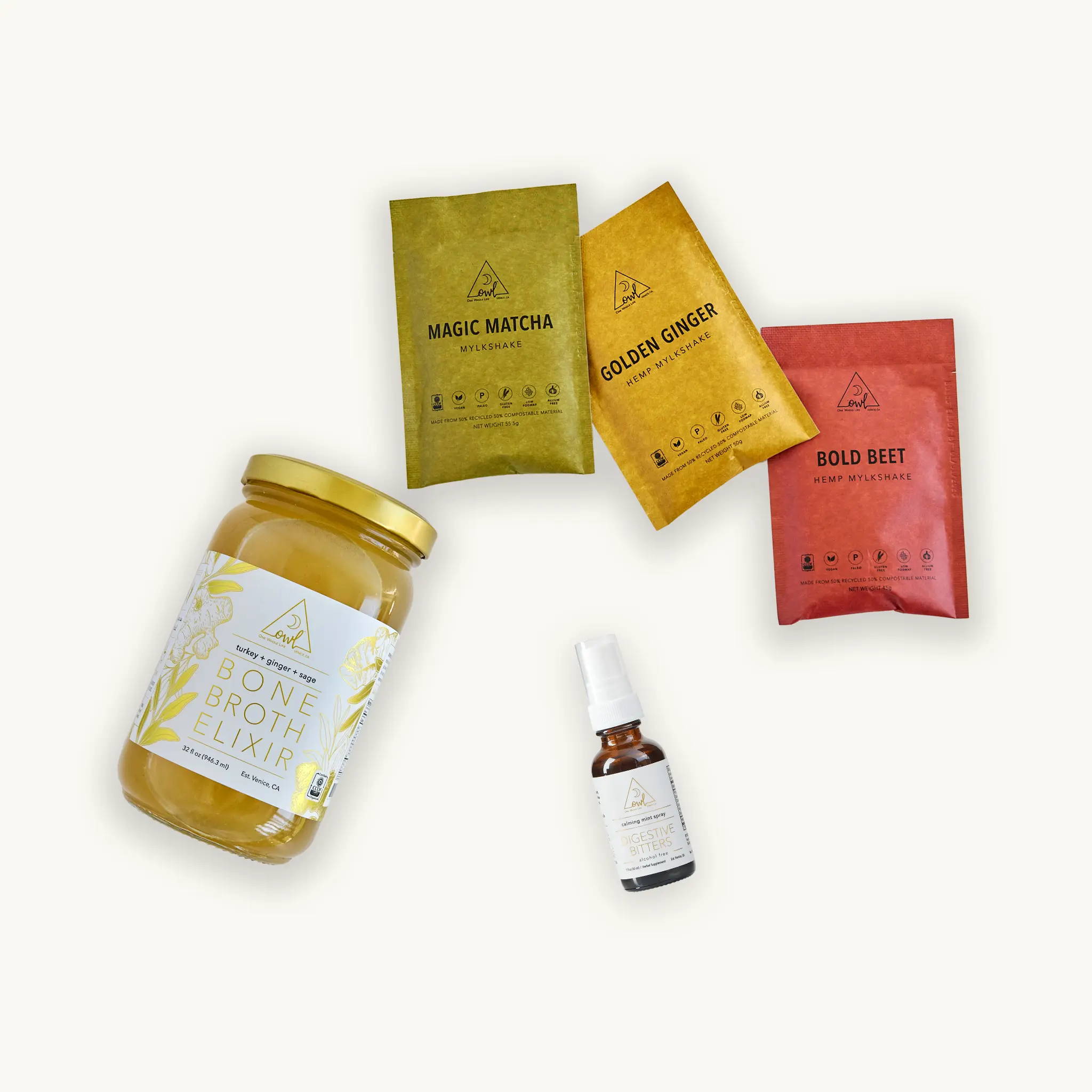 Broth Elixir, Shake Packets, and Digestive Bitters