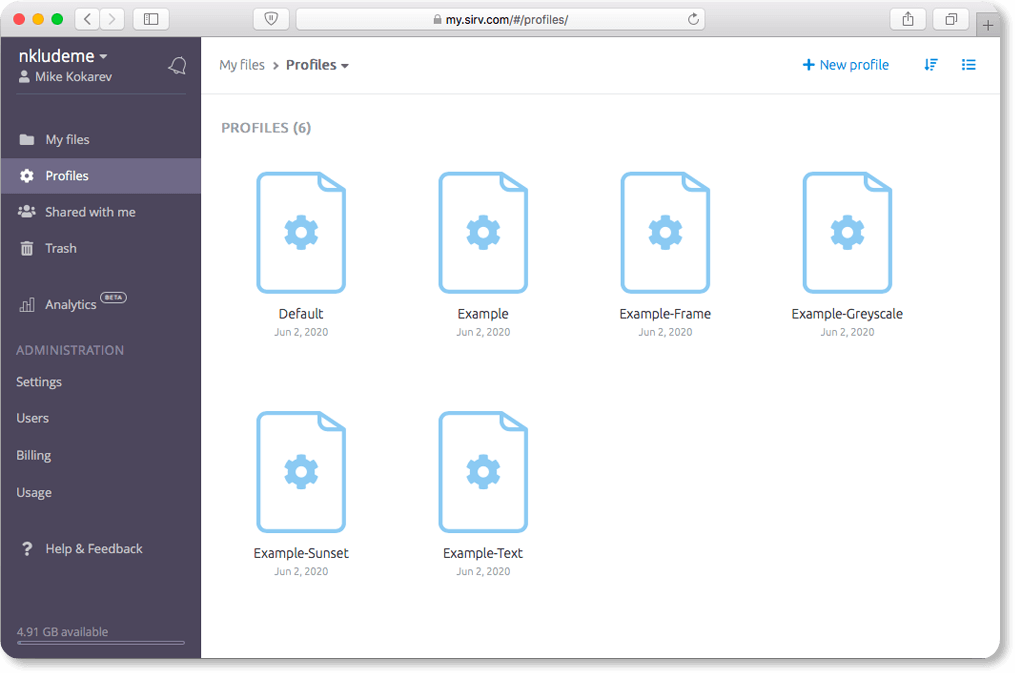 Sirv profiles panel