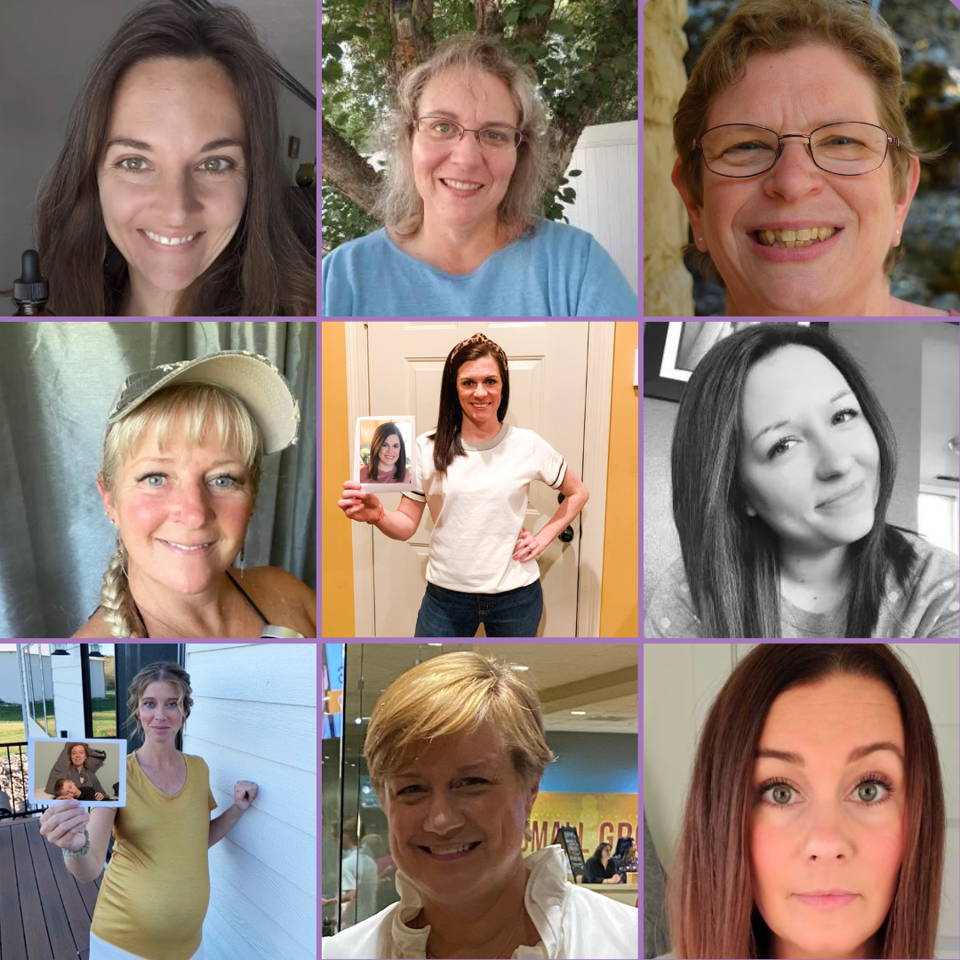 A collage of nine women smiling, some holding photos.