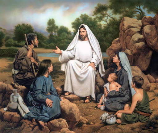 Painting of Jesus sitting on a stone and teaching a small group of people.