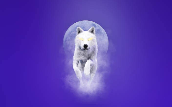 A white wolf with glowing eyes running in front of a full moon for Confetti's Virtual Werewolf Team Building
