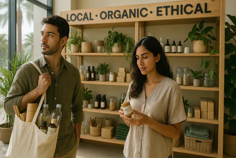 Man and woman shop in an eco-friendly store. The man carries a reusable bag with bottles and straws, while the woman examines a product jar near shelves of organic goods.