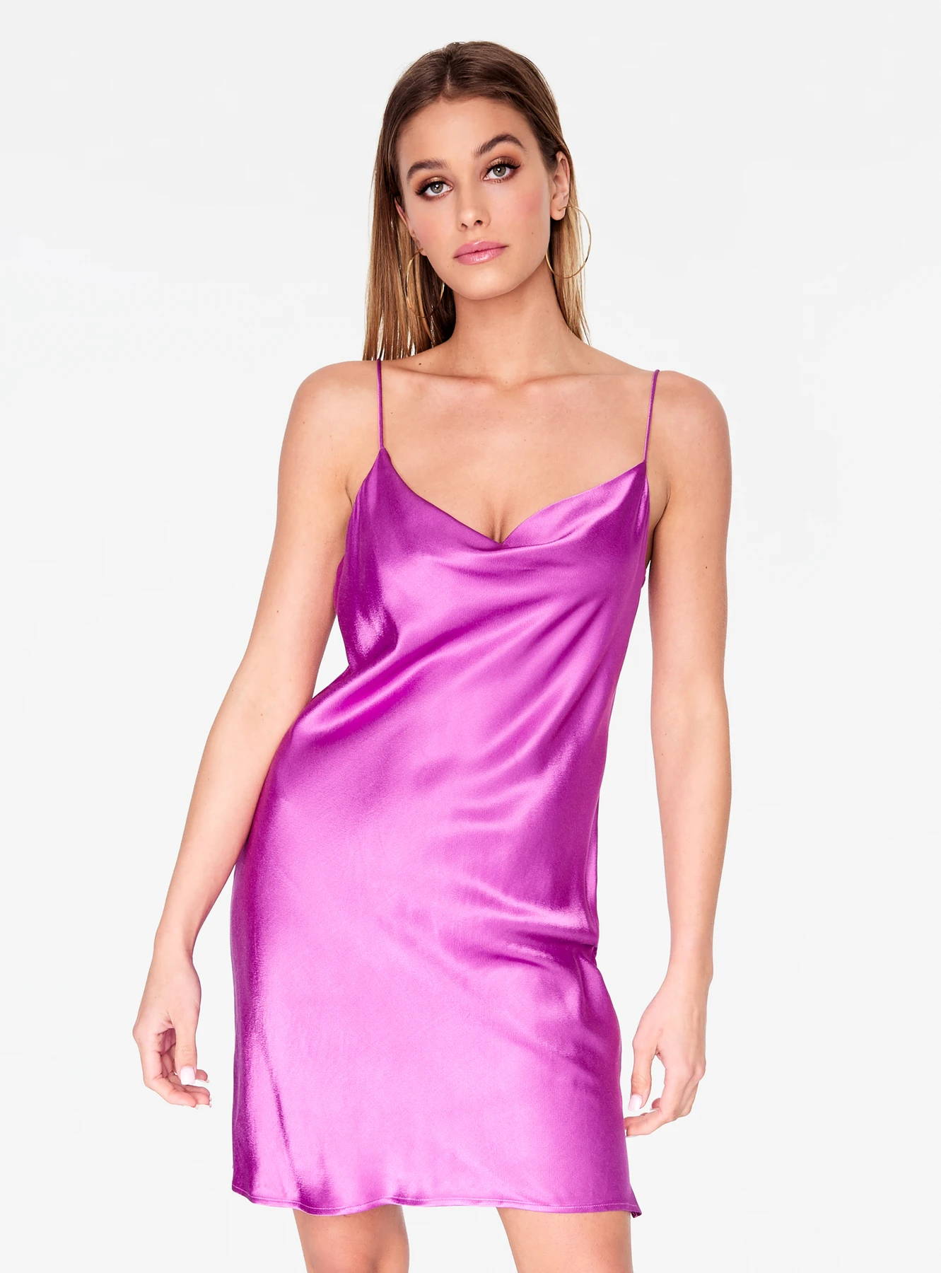 Purple Cowl Neck Satin Slip Dress
