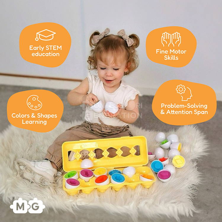 Little girl enjoys while opening an egg from the Montessori Geometric Eggs toy set and blobs with text describing the benefits.