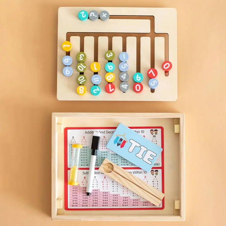Top view on the Montessori Ready for School Game and all the pieces that come with it.
