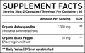Supplement Facts of the bundle of Ashwagandha as the main ingredient of Ashwagandha Dietary Supplement Singapore