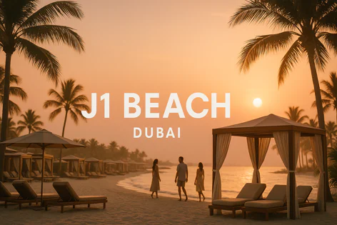 Beautiful sunset at J1 Beach Dubai with silhouetted palm trees, lounge chairs, and cabanas lining the sand, as three people walk by the ocean.