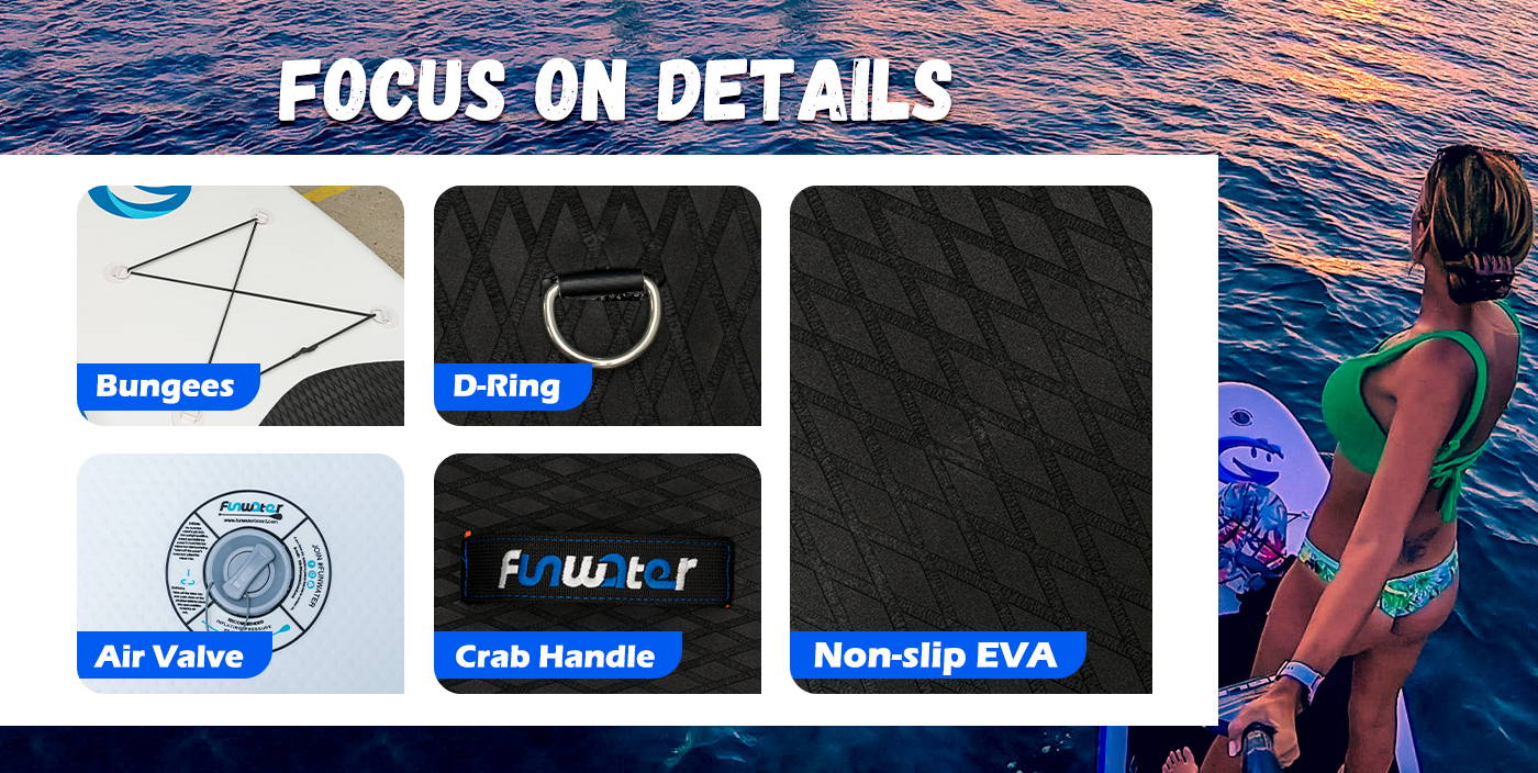 Stand up paddle board focus on details: bungees, D-Ring, Air Valve, crab handle, non-slip EVA
