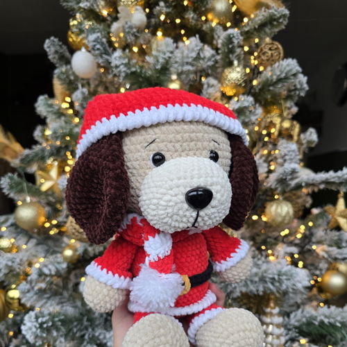Christmas Doggy - Crochet pattern (PDF download) - puppy plush dog winter Santa outfit amigurumi festive holiday decoration