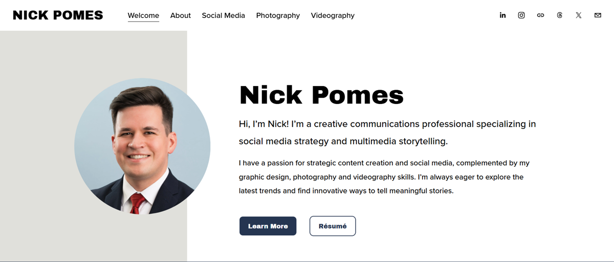 Screenshot of Nick Pomes, from the social media portfolios collection.