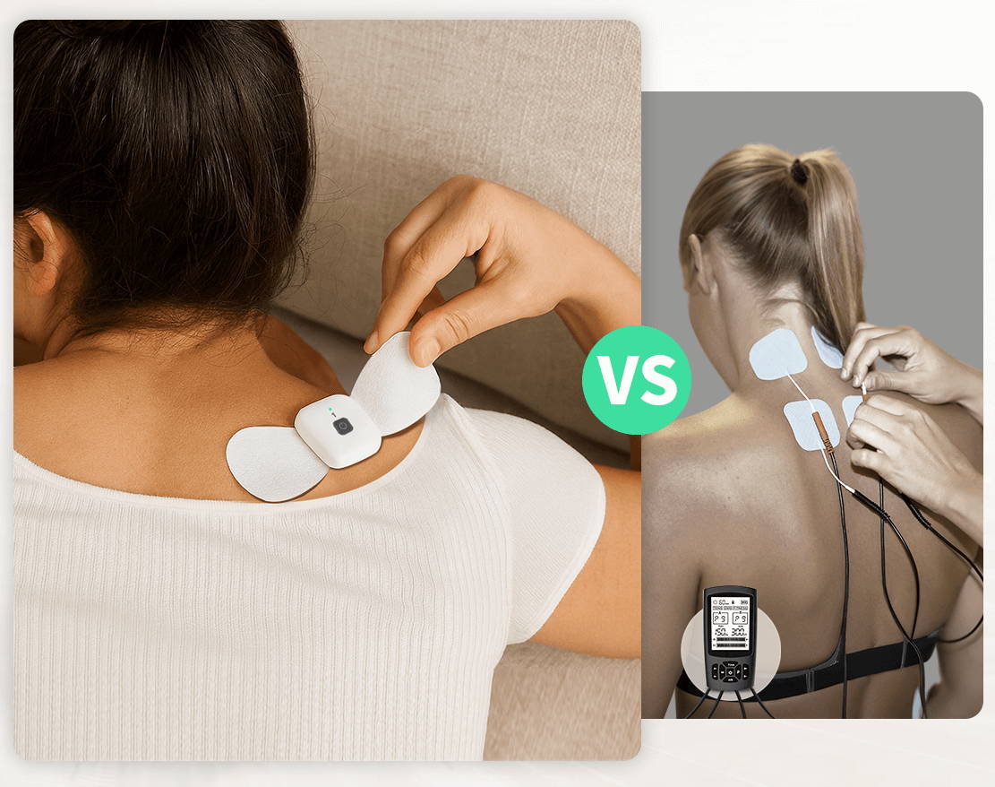 Woman using the Wellue wireless TENS therapy pods on her upper back to relieve muscle tension