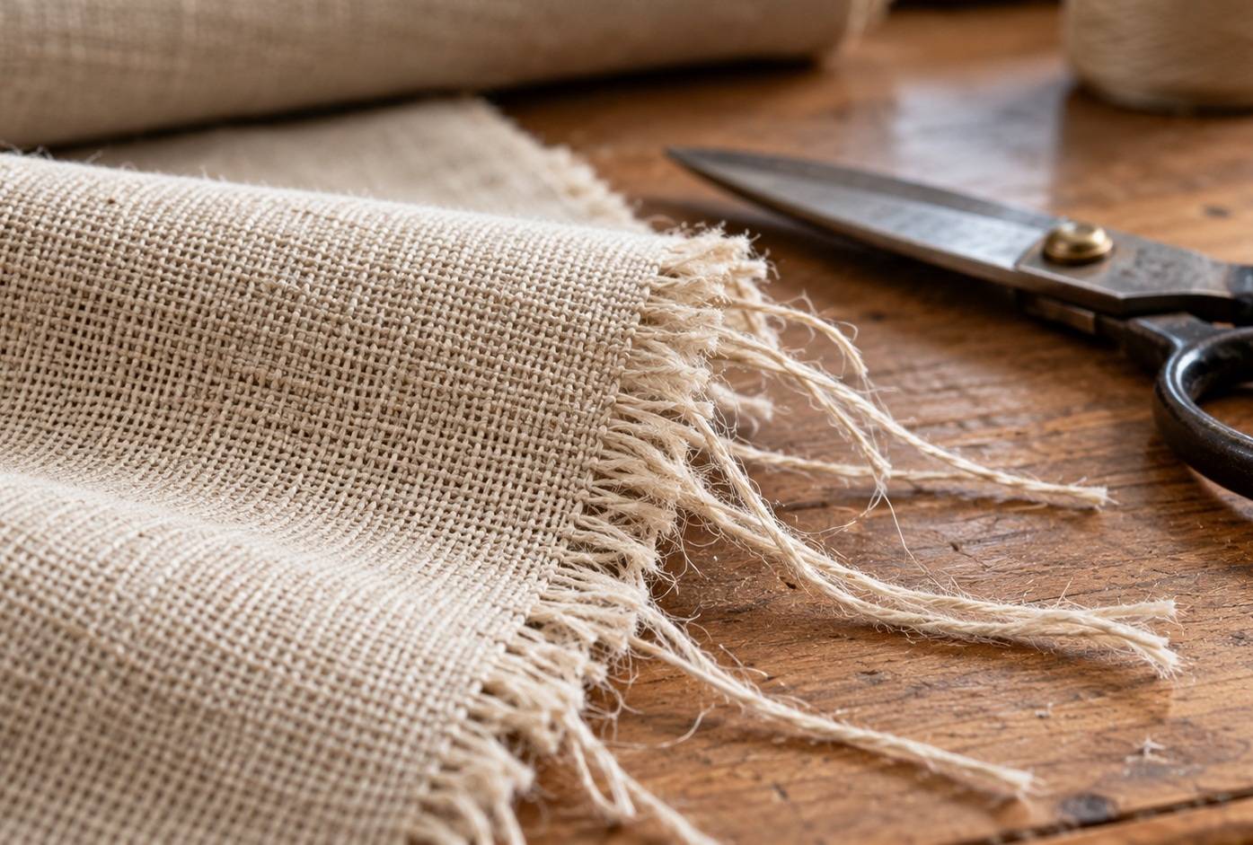 Fraying raw edge of natural woven hemp fabric with loose threads