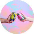 two melo cans cheering with a rainbow coloured background