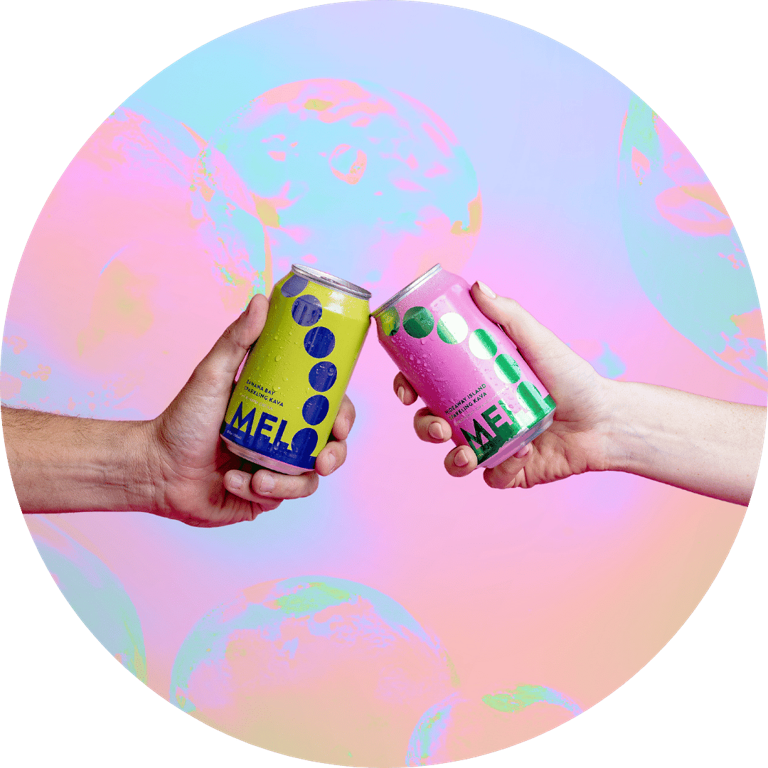 2 melo cans cheering with rainbow background
