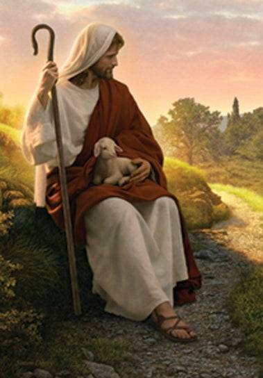 Jesus sitting with a baby lamb in His lap. 