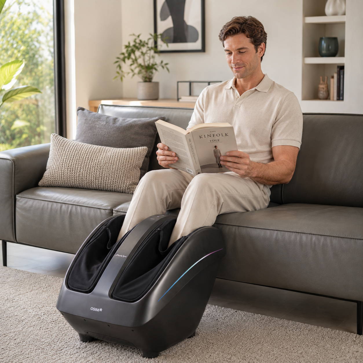 A man relaxing at home and reading a book while using the OSIM uPhoria Sync calves and foot massager