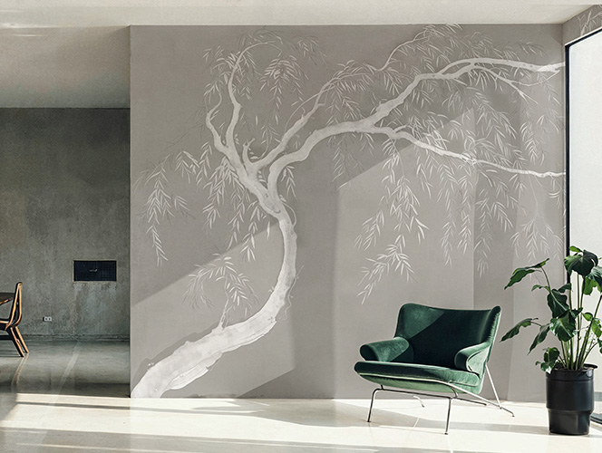 japanese willow tree wallpaper with a green chair in a minimalist modern concrete interior design setting