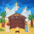 Close up on angles, Joseph and Mary, and baby Jesus felt figurines placed on a colorful Nativity Wallboard.