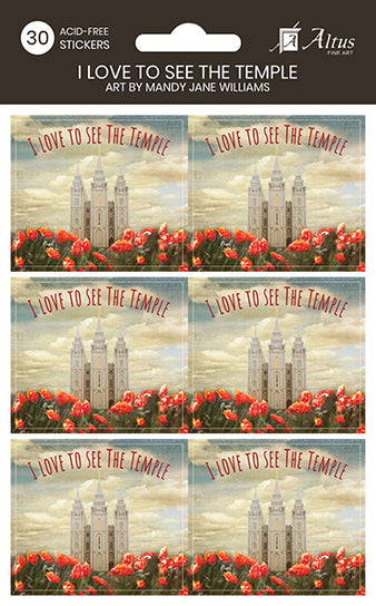 Set of stickers featuring the Salt Lake City Temple and flowers. The text on each sticker reads: "I love to see the temple." 