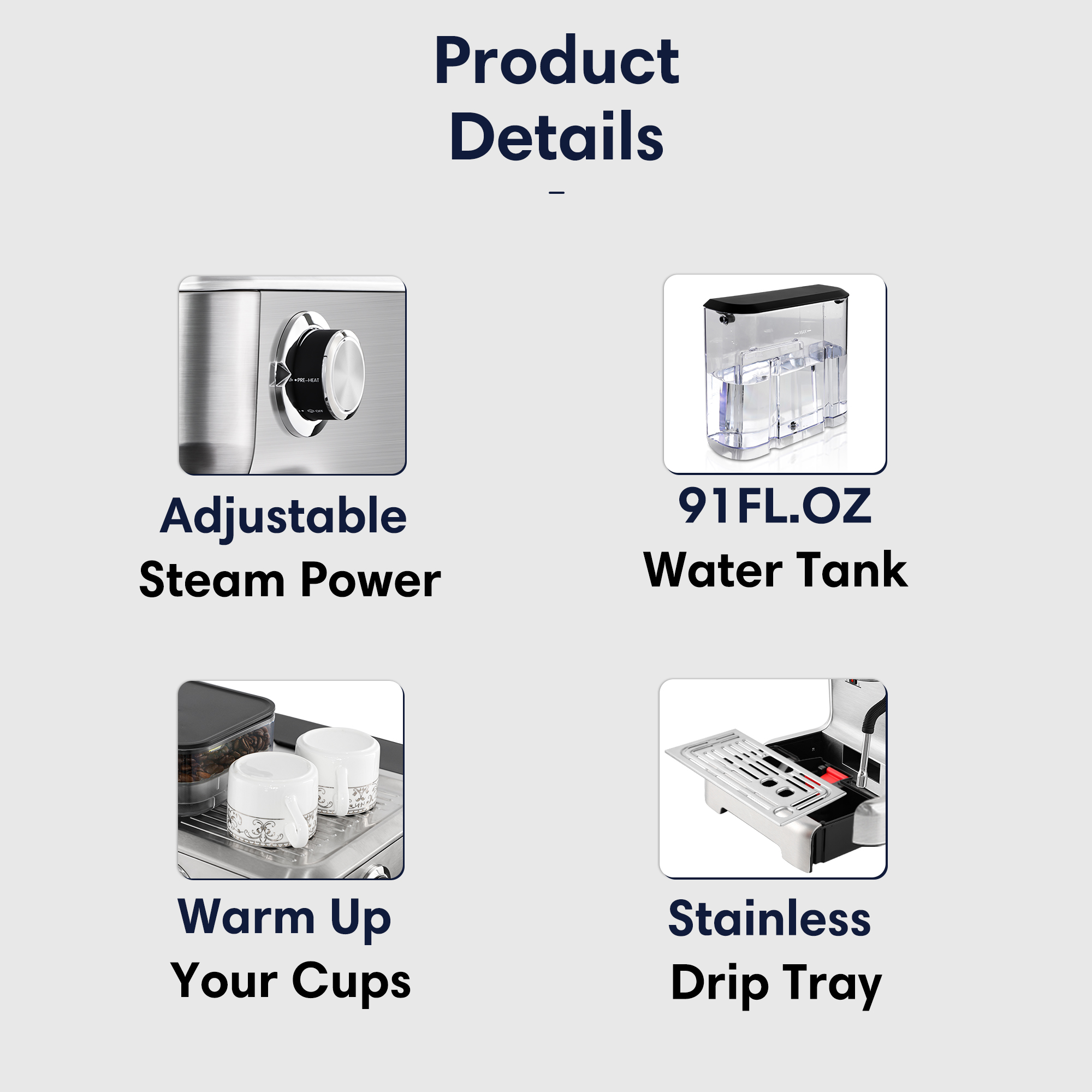 Sophiscated product details adjustable steam power 91oz water tank warm up your cups stainless drip tray