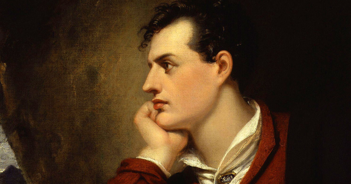 A painting of Lord Byron looking to his side contemplating, with his hand on his chin.