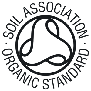 Black and white circular logo with the words Soil Association Organic Standard surrounding an abstract, looping design in the center.