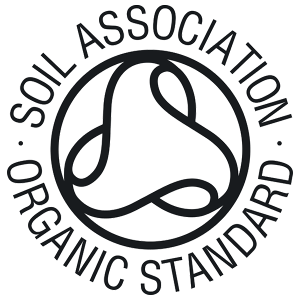 Black and white circular logo with the words Soil Association Organic Standard surrounding an abstract, looping design in the center.