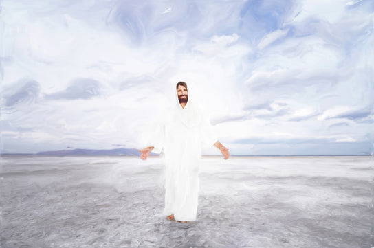 Resurrected Jesus in a white robe with His arms outstretched. 
