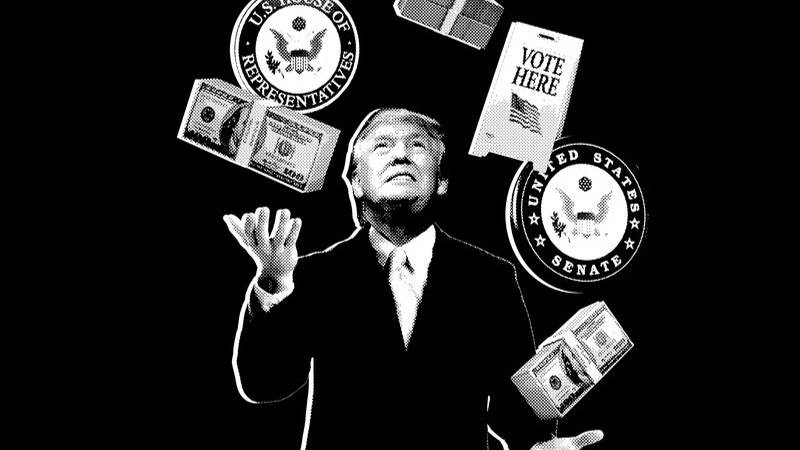 Donald Trump juggling money, a %22vote here%22 sign, a US Senate seal and a US House seal