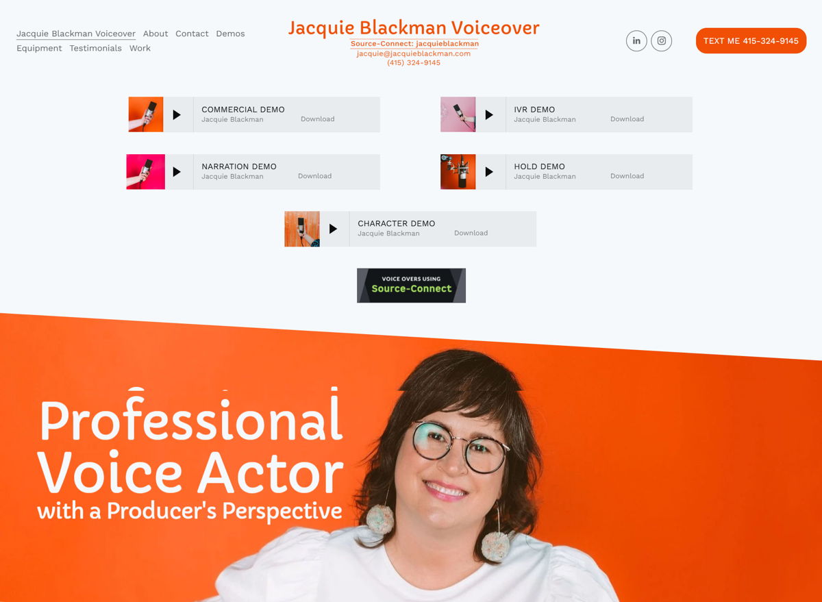 Screenshot of Jacquie Blackman, from the voice actor portfolios collection.