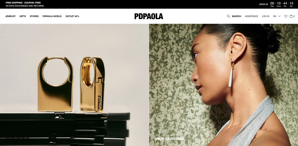 Screenshot of PDPAOLA, from the shopify jewelry stores collection.