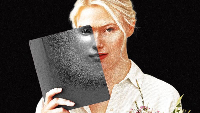 A woman covering her face with a book that has an AI face on the cover.