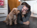 man looks eye to eye with dog while crouching on the floor