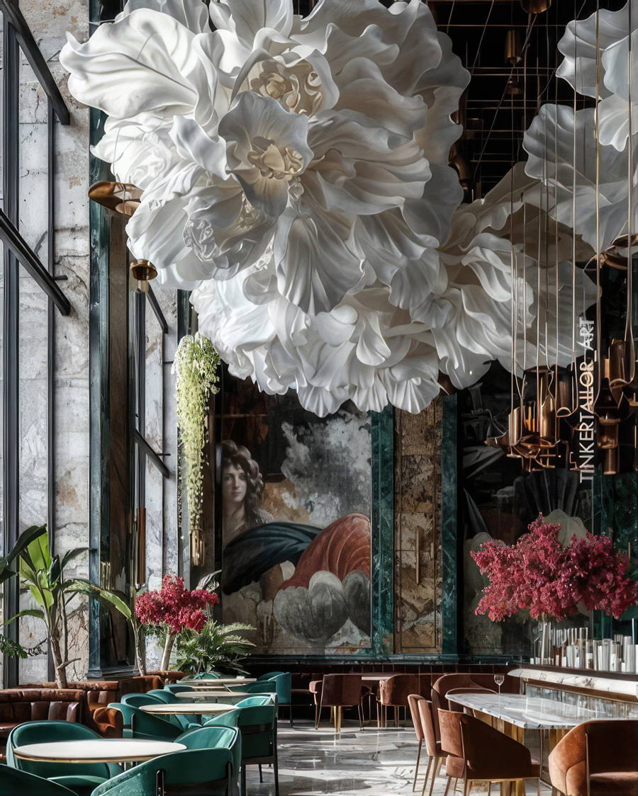 Luxury restaurant bar with ceiling made of flowers image by @tinkertailorart digital artwork ai art ai artwork ai artist