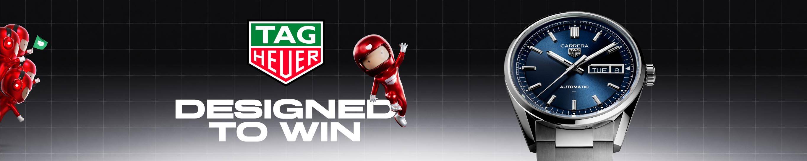 TAG Heuer - Designed to Win Banner Featuring Formula 1 Watch TAG Heuer - Designed to Win Banner Featuring a Carrera with a blue dial