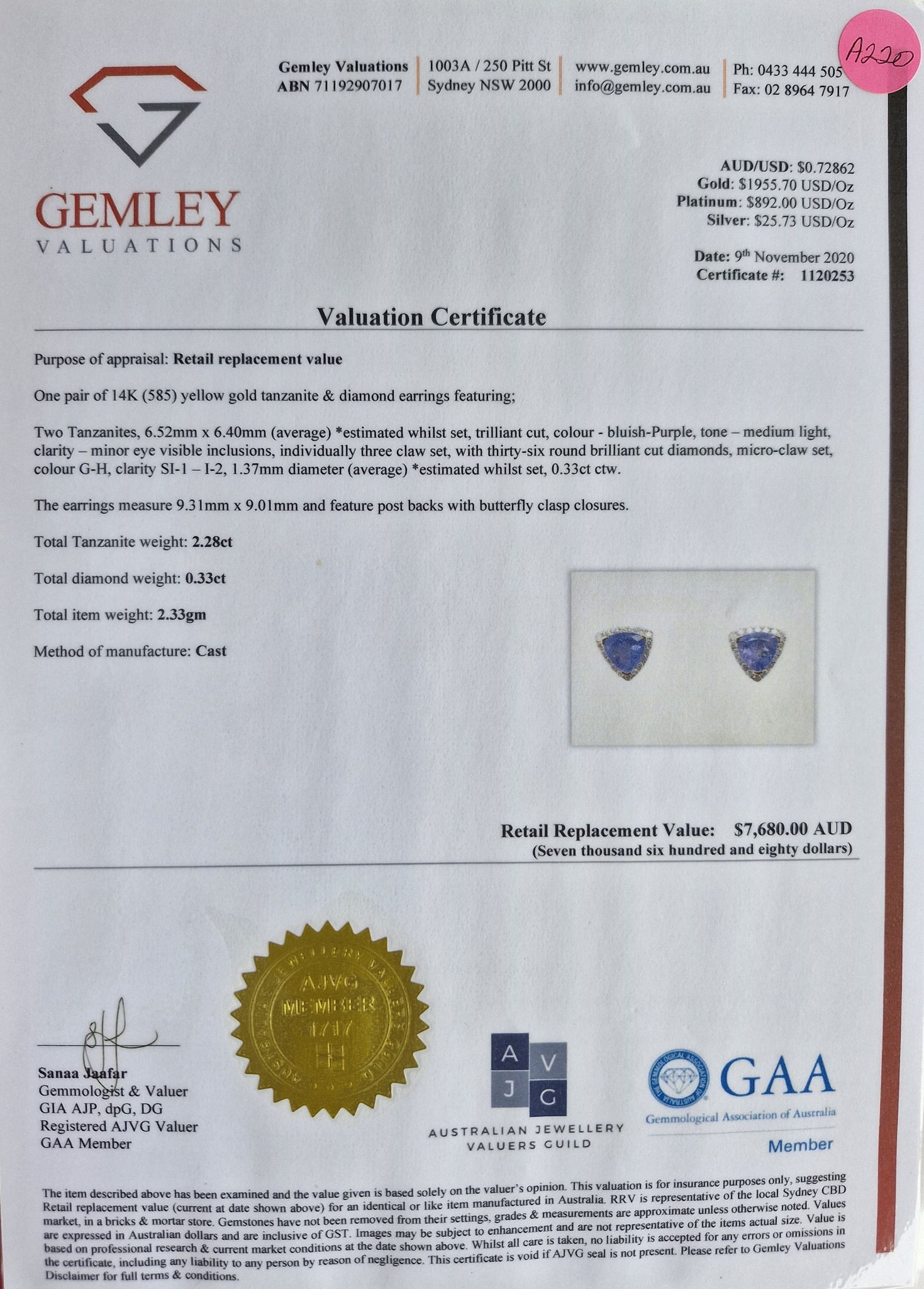 Yellow Gold, Tanzanite and Diamond Ear Rings - Image 2